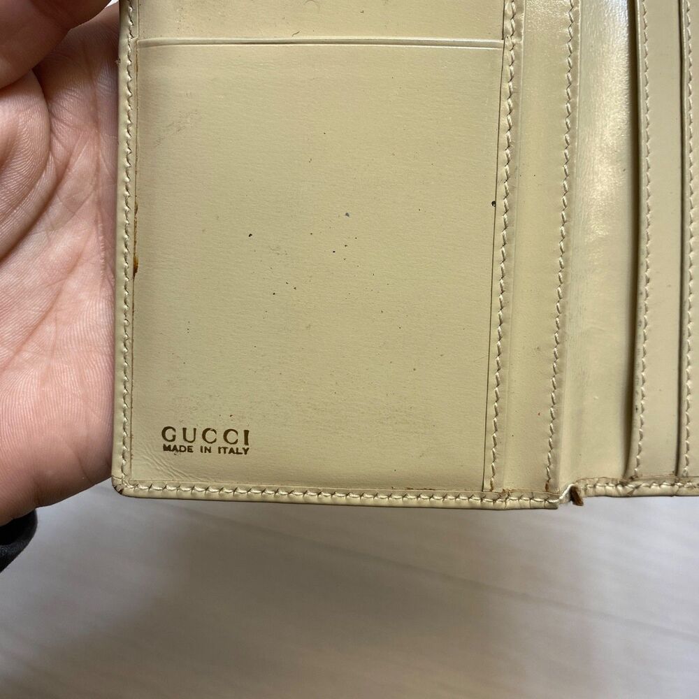Gucci Bi-Fold Long Womens Wallet GG Monogram Authentic Beige W Gold Clasp - Picture 10 of 16